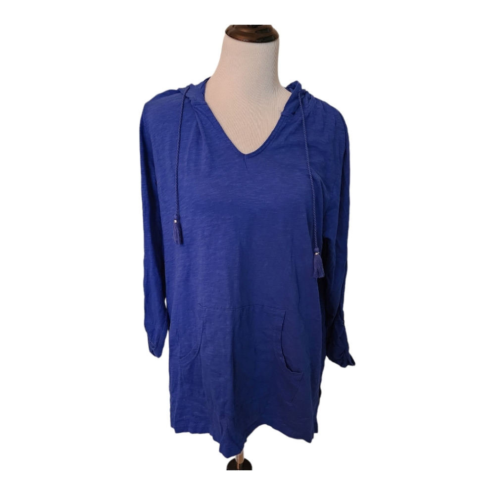 Kim Rogers Blue 1X Long Sleeve Hoodie with front pocket top